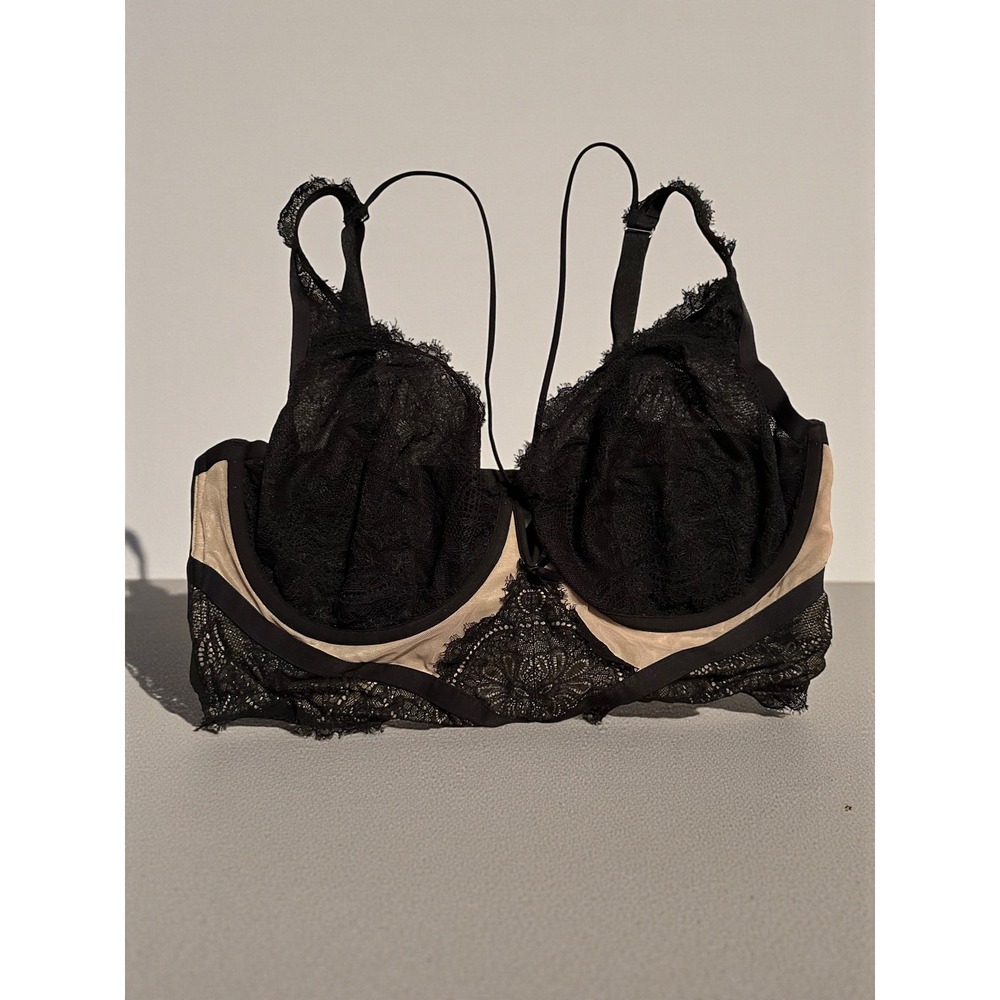 Cacique Black Lace Lightly Lined Balconette Bra Underwire 42F  Eyelash Trim